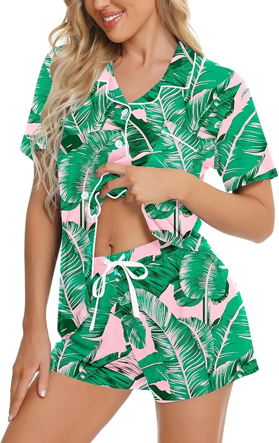 SWOMOG Womens Button Down Pajamas Set Short Sleeve Sleepwear Bride Soft Pj Lounge Sets XS-3XL