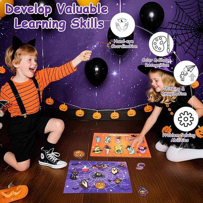 2Pcs Halloween Wooden Peg Puzzles Toys Magnetic Wooden Fishing Game for Toddlers Educational Puzzle for Years Old 3-5 Boy Girl Kid Halloween Basket Stuffers Fillers Gifts