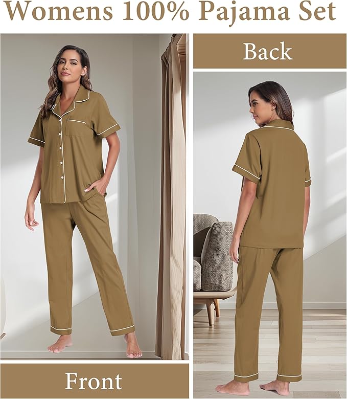CF Womens 100% Cotton Pajamas Set Button Down Pjs Sets Short Sleeve Top & Long Pants Sleepwear Comfy Loungewear with Pockets