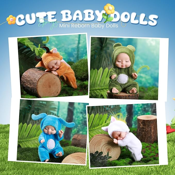 Hanaive 4 Pcs 4 Inch Mini Baby Dolls Lifelike Realistic Baby Dolls Animal Clothes Cute Tiny Gifts for Kids Birthday Party(Cuddly Style)
