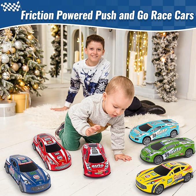 Race Toy Cars for Toddler Boys Girls 7 Inch Friction Powered Trucks for Kids Ages 3 4 5 6 7 8 Years Old Stocking Stuffers for Kids - 6Pack