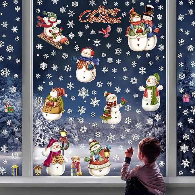 195 Pcs Christmas Window Clings Xmas Snowman Snowflake Window Decoration Large-Size Double-Side | Reusable Snowflake Window Stickers for Xmas Decorations Party Home Decor