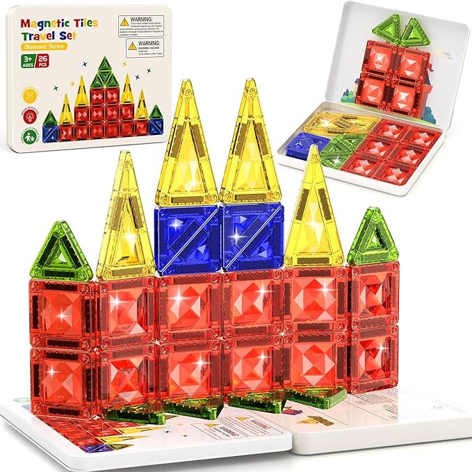 Magnetic Tile Mini Diamond Set Travel Size Magnetic Building Toys with Iron Case, Kid's Travel Essential On-The-Go Magnet Construction Toy Set STEM Development Kit Ages 3+, 26-Piece
