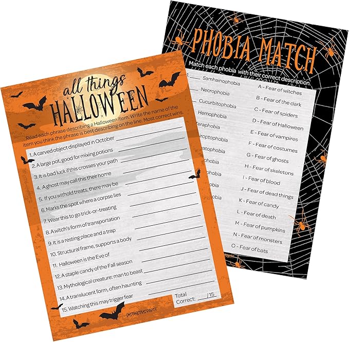 DISTINCTIVS Halloween Party Games, Halloween Trivia and Phobia Match 2 Game Bundle, 25 Dual-Sided Cards for Kids, Adults, Classrooms, and Fall Events