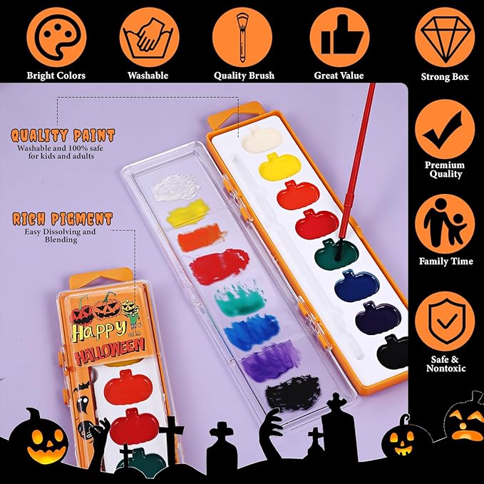 36 Pack Halloween Pumpkin Watercolor Paint Set for Kids 8 Washable Colors with Brushes Water Color Painting Kit for Halloween Painting Kit Gift Party Supplies