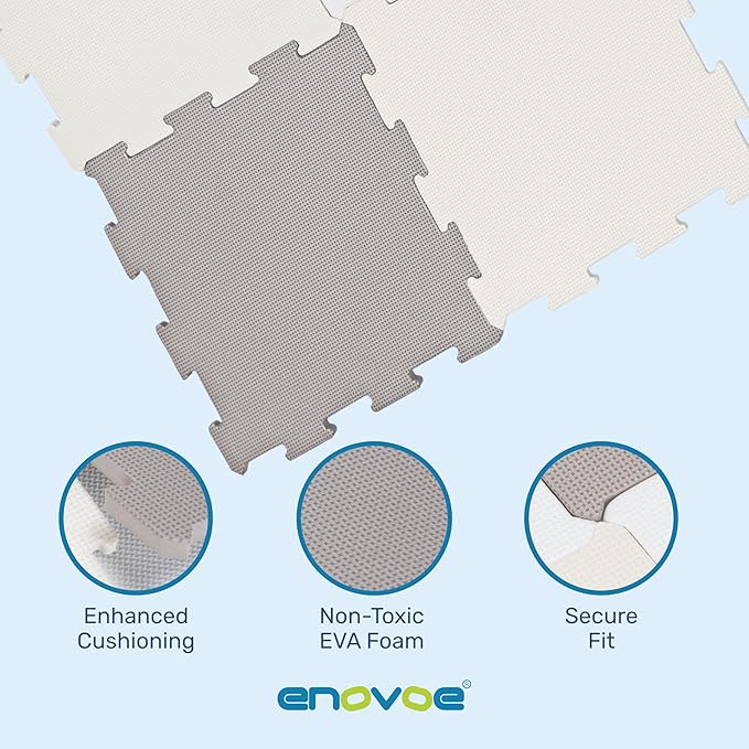 Enovoe Soft Baby Play Mat - Non-Toxic, Interlocking EVA Foam Tiles, 16 Pieces - Safe, Cushioned Floor Play Area for Kids, Infants & Toddlers - Ideal for Playrooms, Nurseries, and Home Gyms (12" x 12")