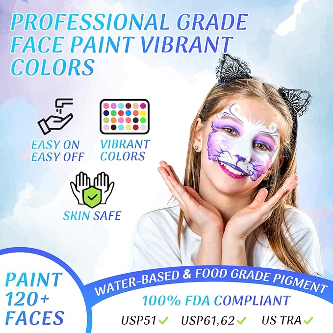 Face Painting Kit for Kids & Adults,18 Color+15 Color Non-toxic Water Activated Face Paint Palette,Halloween Makeup Kit.Ideal for Halloween,Carnival,Cosplay,Party,Arty Stage Makeup.