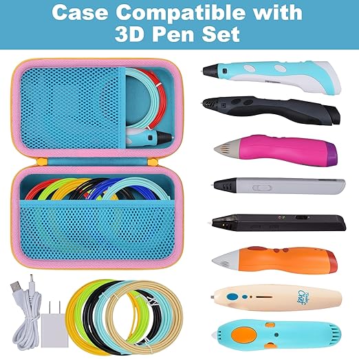 co2CREA Storage Organizer Case for 3D Printing Pen Set, Compatible with SCRIB3D P1/Advanced, MYNT3D Super/Advanced, 3Doodler Start+/Flow/PRO and Filament Refill（Blue Case + Yellow Zipper）
