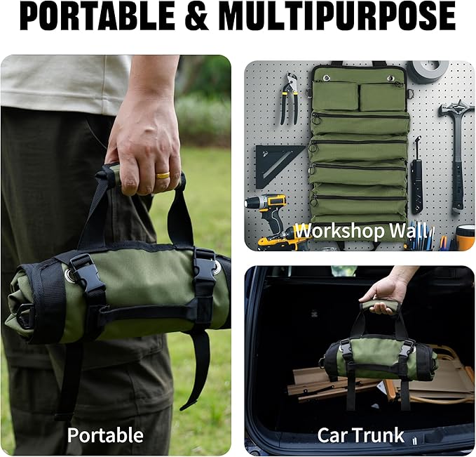 Portable Foldable Roll-Up Waterproof Tool Bag Organizer with 5 Compartments & 2 Detachable Pouches, Heavy-Duty Tool Pouch Bag, Dad Men Electrician Mechanic Gifts (Army green)