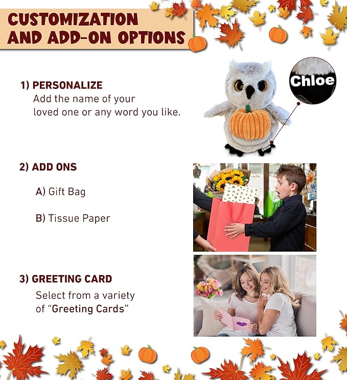 DolliBu Super Soft Owl Stuffed Animal with Pumpkin Decor and Name Personalization - Plush Animal for Fall, Halloween and Thanksgiving for Baby, Kids, Adults - 8.5 Inches