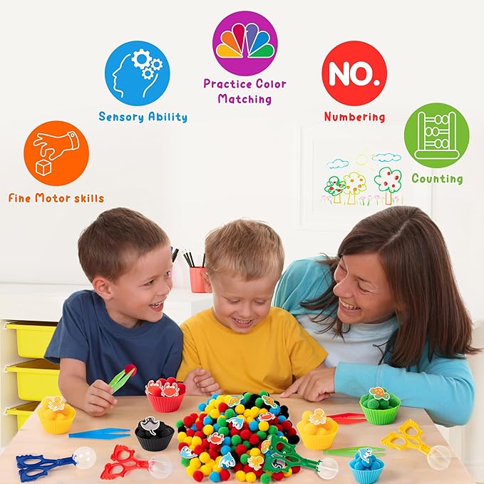 EZdhuawuse Summer Sensory Bin Fillers - 387Pcs Sea Ocean Animal Multi-Pack Fine Motor Toys Math Color Sorting Set for Multiple Kids, Felt Shark Crab Pom Poms Cup Clip for Preschool Education Training