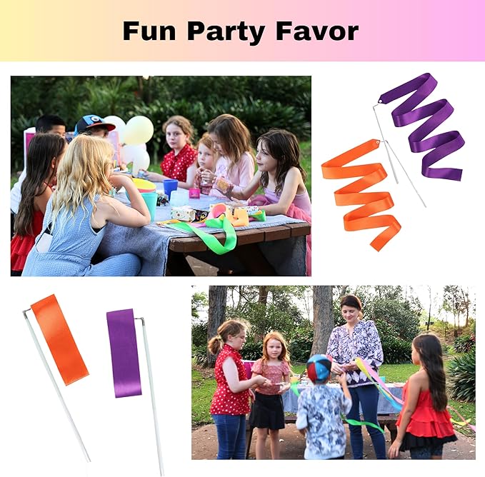 Ribbon Dancing Wands 10pcs Pack, Party Favor for Girls Birthday Favor Bags, Indoor Outdoor Kids Party Games, Gymnastic Party Gifts (Mixed Color with White handle, 10pcs Set)