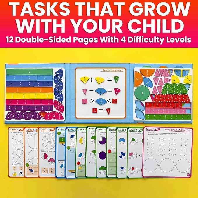 QUOKKA Magnetic Fractions Learning Set for Kids Ages 6-12 – Hands-On Math Games for Homeschooling, Classrooms & Travel – 110 Magnets, 12 Task Pages, Marker – Montessori Educational Toy Puzzles