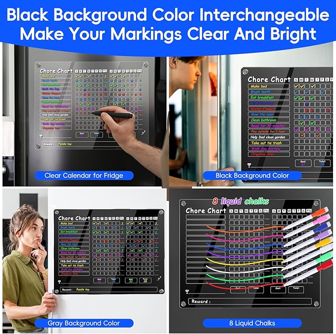 Acrylic Magnetic Chore Chart for Kids Multiple Kids，15"x11.8" Clear Dry Erase Reward Chart -Behavior and Responsibility Refrigerator Board for at Home Kids, Teens(w/ 8 Markers & Towel)