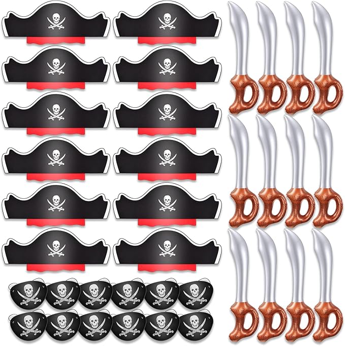 Legigo 36 Pcs Funny Pirate Party Set- Include 12 Pirate Hats, 12 Eye Patches, 12 Inflatable Swords for Pirate Party Cosplay Caribbean Dress Accessories