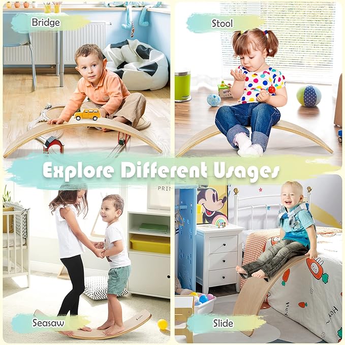 Goplus Wobble Board, 35Inch Wooden Balance Board for Kids & Adults Support 660LBS, Toddler Open-Ended Learning Toy Yoga Curvy Rocker Board for Balance Training, Home Exercise (12 INCH Width)
