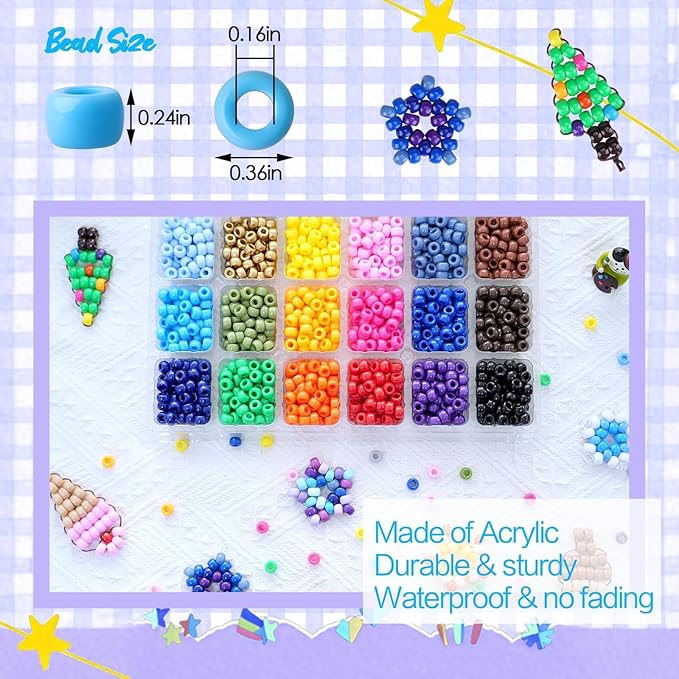 24 Color 9MM Pony Beads for Bracelet Making,Friendship Rainbow Kandi Beads Giant Crayon Bead Box for DIY Craft Necklace Making Hair Braids - 2000PCS