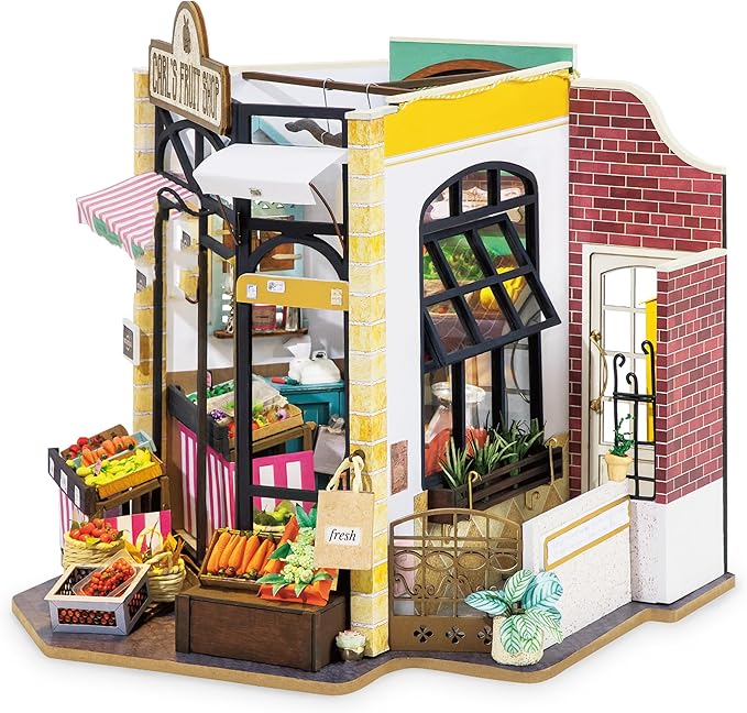Rolife DIY Miniature House Kit Carl's Fruit Shop, Tiny House Kit for Adults to Build, Mini House Making Kit with Furniture, Halloween/Christmas Decorations/Gifts for Family Friends (Carl's Fruit Shop)