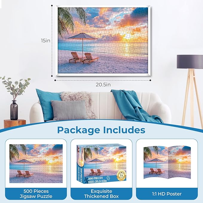 Puzzles for Adults 500 Pieces,Hawaiian Sunset Beach Puzzle for Adults,500 Pieces Tropical Ocean Sunrise Puzzles,Beach Chair Jigsaw Puzzle,Perfect for Game Night Giving Puzzle,20.5x15 in