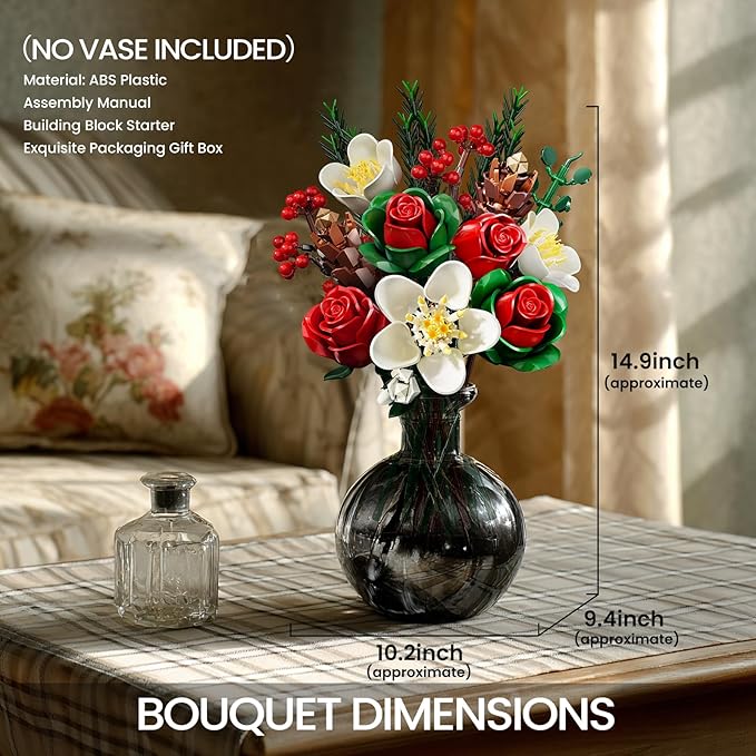 iATOM Christmas Rose Bouquet Building Set, Artificial Flowers Botanical Collection for Adults - Gift for Christmas & Valentines Day - Home Office Table Centerpiece Decor - 11012