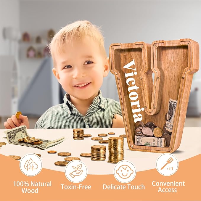 Wooden Letter Piggy Bank for Kids Larger Letter Piggy Bank for Boys and Girls Personalized Piggy Bank Initial Coin Bank Wood Kids Money Bank for Birthday and Festival