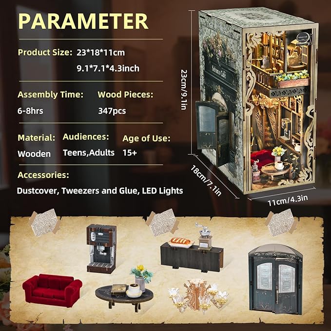 Book Nook Kit, DIY Miniature Dollhouse Book Nook Kit with Dust Cover and LED Light for Teens and Adults (Saisons Café)
