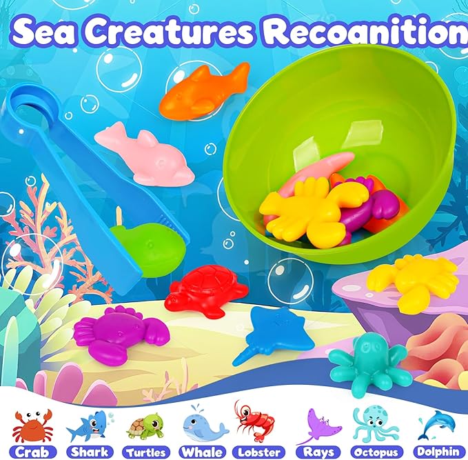 Sorting Colors Sea Animals Counting Toys with Matching Sorting Cups and Game Dices, Color Classification and Sensory Training Preschool Educational Learning Toys for Toddlers Kids Girls Boys Ages 3+