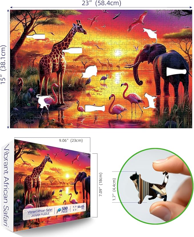 Animal Jigsaw Puzzles for Adults 500 Pieces Nature Wildlife Scene with Elephants Lion Tiger Giraffes Flamingos Puzzle Family Challenging Funny Puzzle Perfect for Game Nights(21"x15")