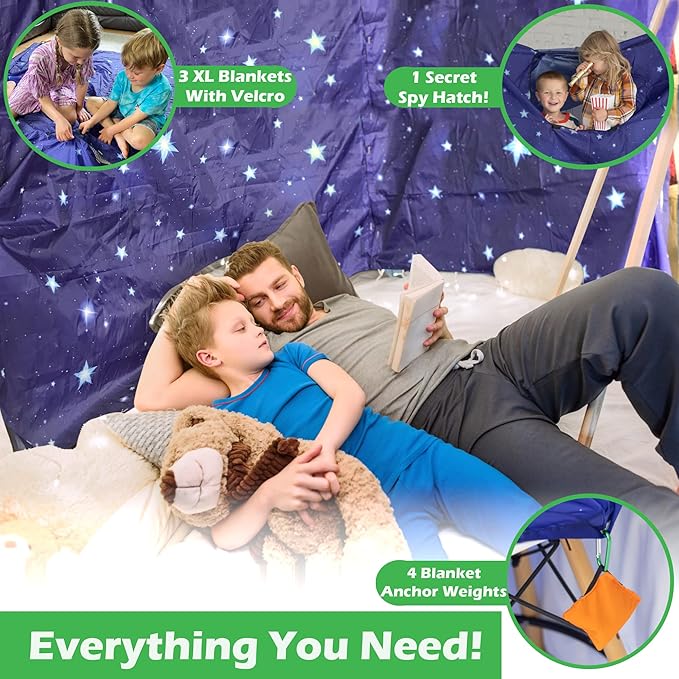 Molcey Blanket Fort Building Kit for Kids 4-8 8-12+ - Make a Portable Playhouse, Play Tent. Build a Fort Making Kit/Builder Blankets - Ultimate Indoor/Outdoor Play for Girls/Boys Toys Age 3-12