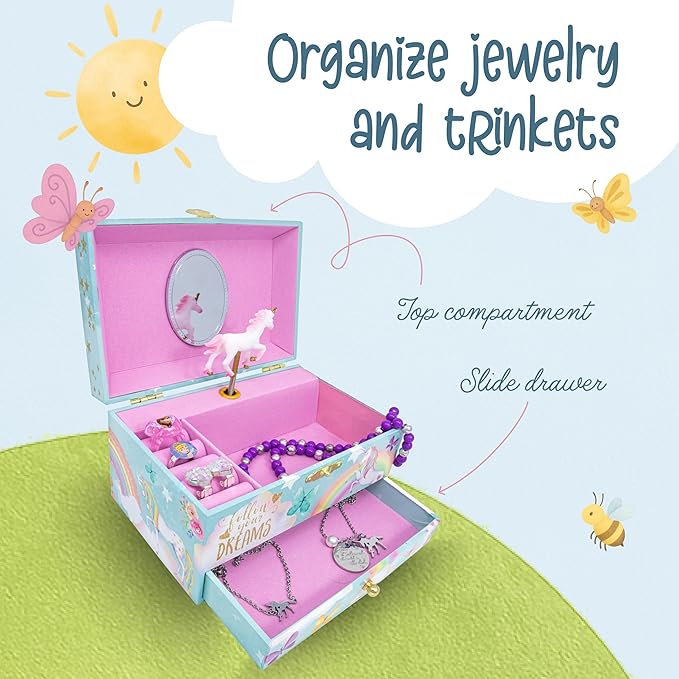The Memory Building Company Unicorn Musical Jewelry Box, Classic Melody Storage Organizer Kids Ages 6-12, Wood Construction w/ 2 Compartments
