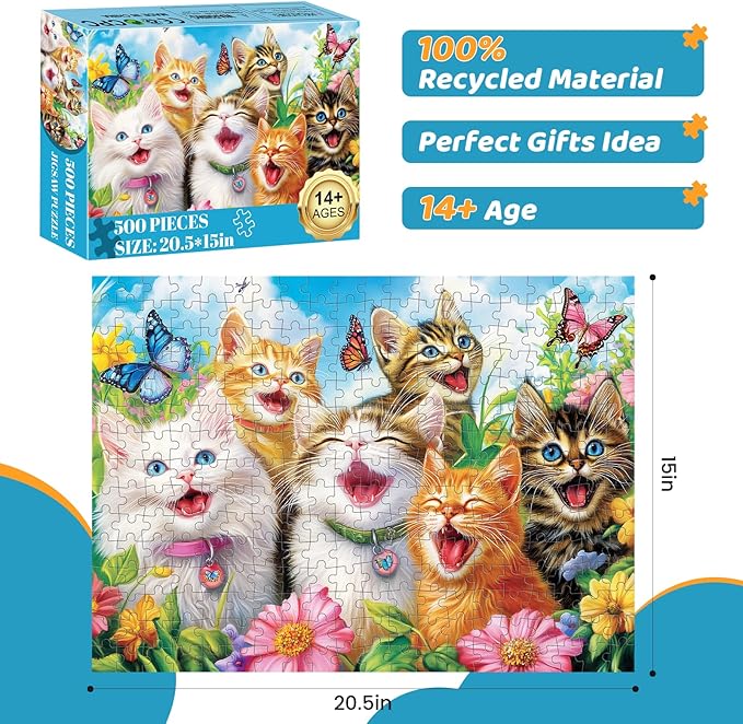 500 Piece Puzzles for Adults, Laughing Cats Large Piece Jigsaw Puzzle for Adults Kids Seniors,Recycled Cardboard Puzzle 500 Piece,Family Activity Great Gift for Family Friends 20.5 * 15 in