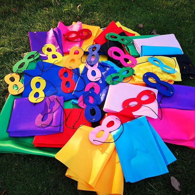 ADJOY Kids Superhero Capes and Masks with Large Superhero Stickers - Super Hero Costume for Parties - 10 Sets (20PCS)