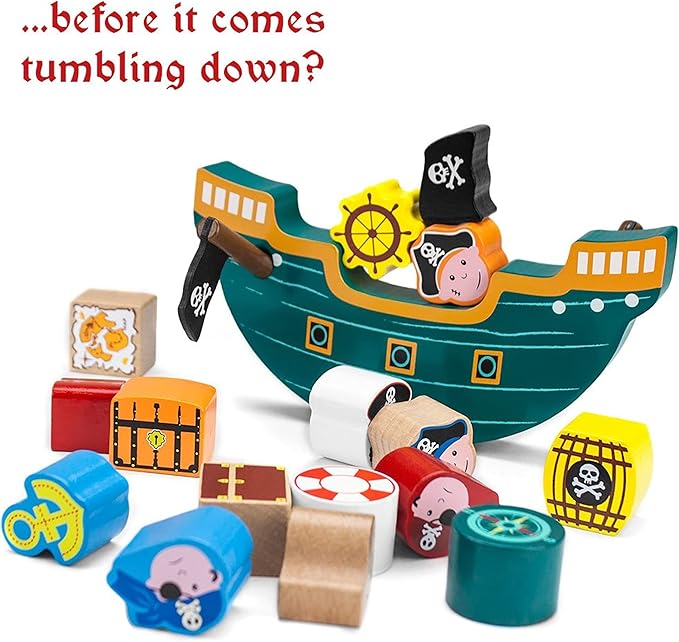 Imagination Generation Wooden Wonders Balancing Playset | Develops Dexterity, Motor Skills, Sharing Skills | Safe Wood & Paint | 18 PC Pirate Boat Playset