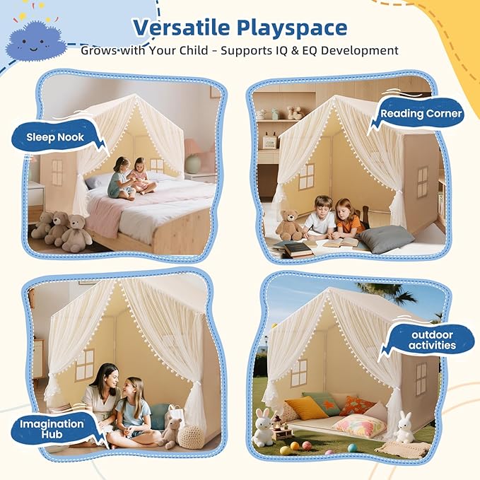 Large Kids Play Tent, 55.1in Length, Fits 3-4 Children,Indoor Playhouse for Kids, with Padded Mat and Lights, Bed Tent for Toddler, Birthday for Boys Girls