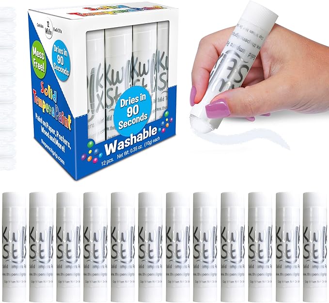 Kwik Stix Solid Tempera Paint Sticks - 12 Pack of White - Same Color Washable, Quick Dry (90 Seconds), ASTM Certified, Non-Toxic, Allergen-Free Kids & Toddler Art Supplies for Home, School & Crafts