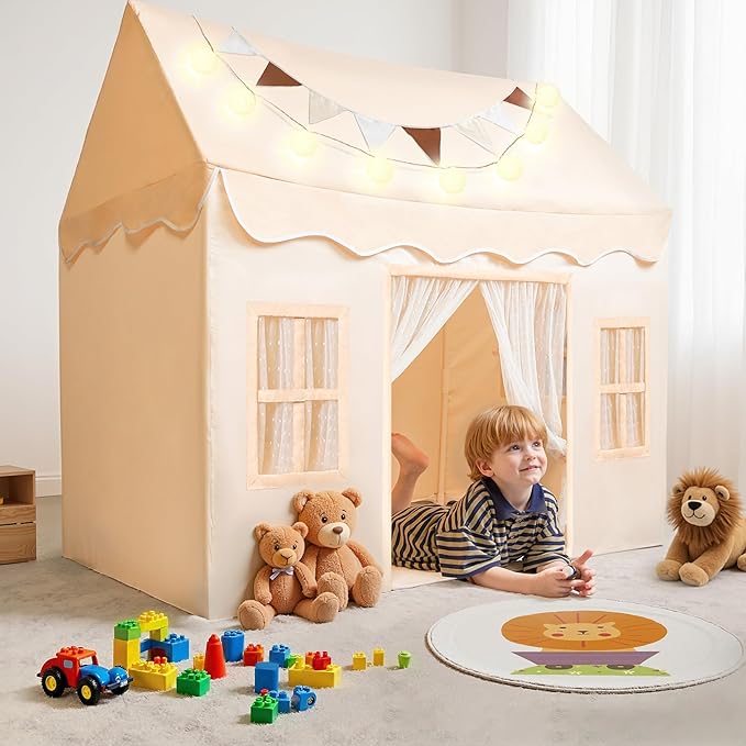 SYNCFUN Play Tent for Kids,Indoor & Outdoor Tent with Blanket,LED Lights & Flags for Toddler,Spacious 51*35*52 Inch,Playhouse for Kids,Ideal Private Space for Reading & Play for Boys & Girls Age 3-7