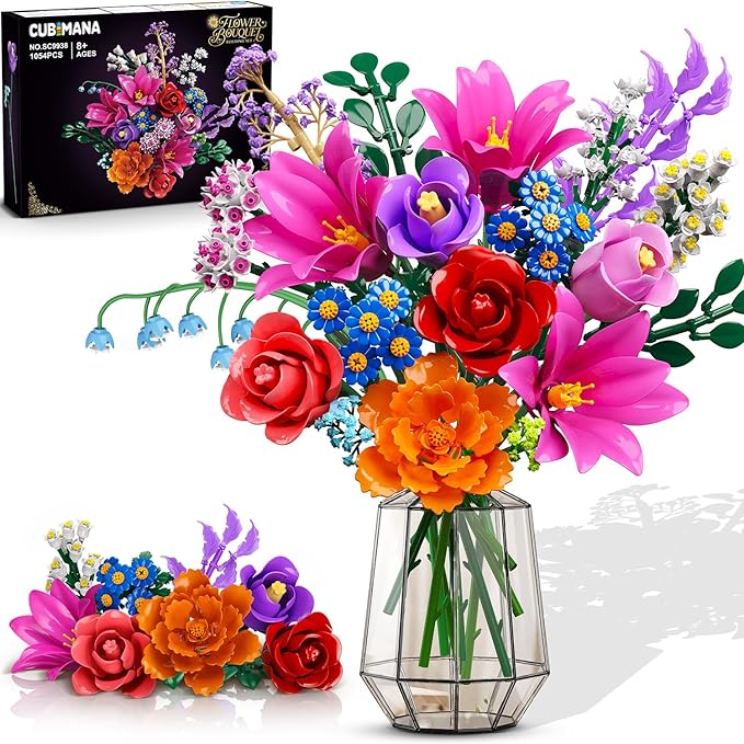 Flowers Bouquet Building Set with LED Light, 21 Flower Botanical Collection Building Block Toy, Rose Lily Plants Home Office Decor 1054PCS, for Her Adults Women Kids Girls 12+ (RED)