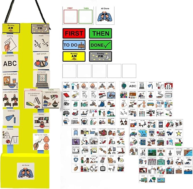 Two Strip Night & Day Daily Schedule Great Visual Behavioral Tool for Structure at Home, School & in The Community. (Yellow Magnetic -2 Strips, 133 Icon Plastic Cards)