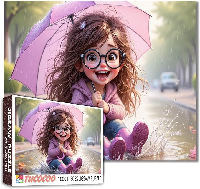 Tucocoo Adorable Cartoon Girl Puzzles for Adults 1000 Piece, Umbrella Little Girl Art Jigsaw, Rainy Day Scene Puzzle, Fun and Challenging Puzzle Gift for Adults and Teens, Family Games Home Decor