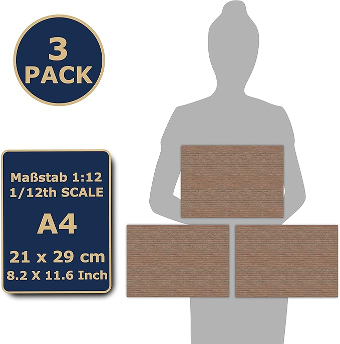 3 Sheets Self-Adhesive Wall Cladding for Dollhouse 1:12 Scale (Clay Bricks)