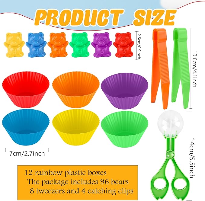120 Pieces Fine Motor Toy Counting Sorting Counting Sorting Bears Includes 96 Cute Rainbow Sorting Bears 8 Tweezers 4 Scissors Clips and 12 Colorful Cups for Kid Early Skill Education