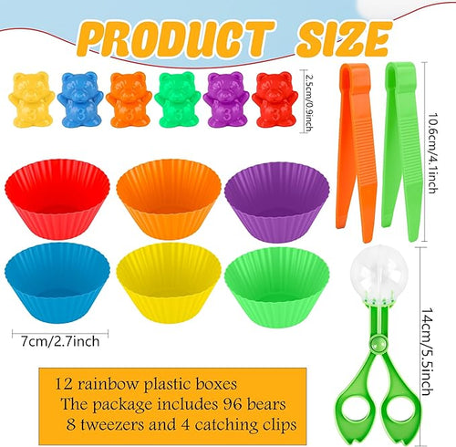 120 Pieces Fine Motor Toy Counting Sorting Counting Sorting Bears Includes 96 Cute Rainbow Sorting Bears 8 Tweezers 4 Scissors Clips and 12 Colorful Cups for Kid Early Skill Education
