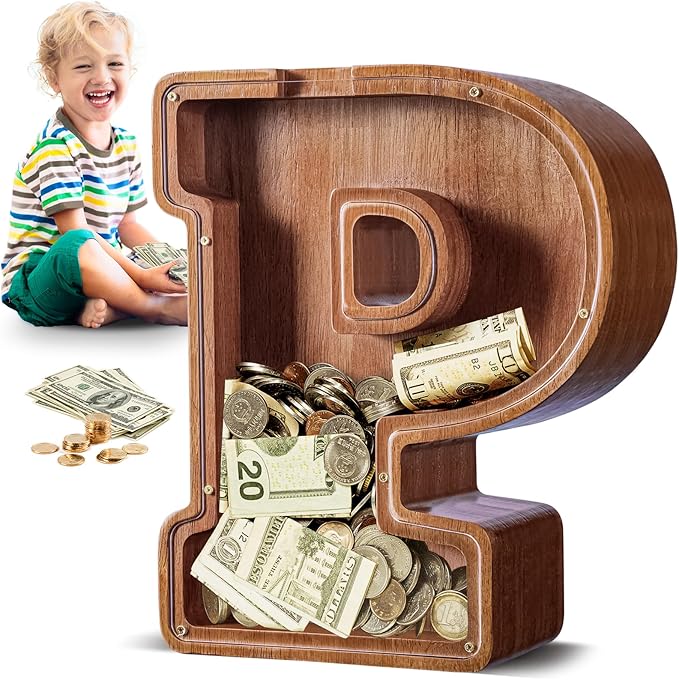 Summidate Large Wooden Piggy Bank for Kids Adults, Alphabets Letter A-Z Piggy Bank for Boys Girls, Coins Bills Change Bank Box Personalized Initial Name Kids Money Bank for Birthday Present and Decor