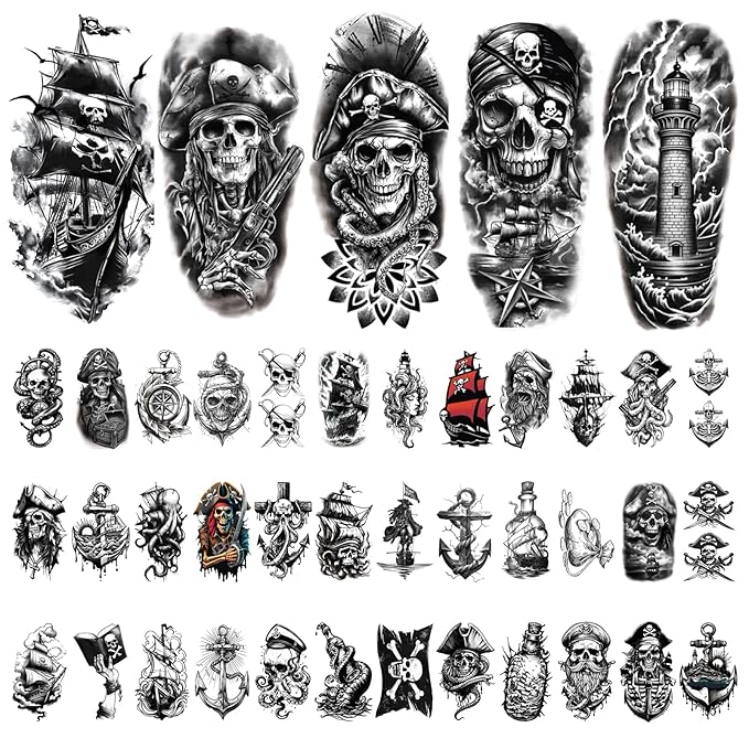 77 Sheets Pirate Skull Temporary Tattoo for Women Men, 17 Sheets Half Arm Large Flower Skeleton Octopus Fake Tattoos, 60 Sheets Anchor Clock Black Tiny for Adult Kids Body Tattoos Stickers Realistic