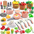 90Pcs Kitchen Playset Accessories, Pretend Cooking with Pots, Pans, Cookware, Food, Fruit, Veges, Color Sorting Baskets, Prop Money, Learning Gift for Girls Boys Toddlers (Pink)