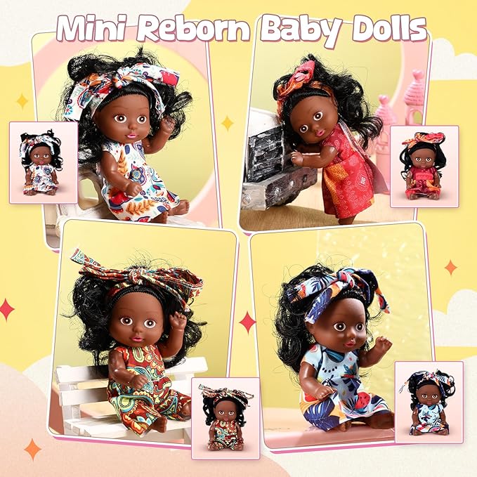 Hanaive 4 Pcs 4 Inch Mini Baby Dolls Lifelike Realistic Baby Dolls Animal Clothes Cute Tiny Gifts for Kids Birthday Party (Black Style)
