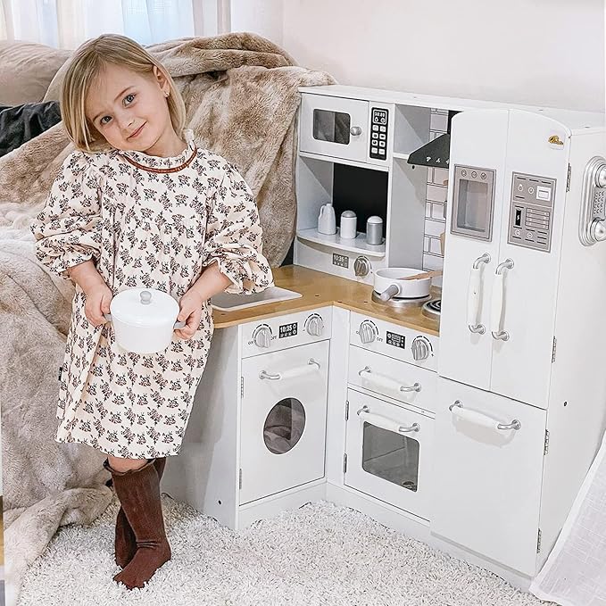 Qaba Pretend Play Corner Kitchen, Interactive Wooden Kids Play Kitchen w/Realistic Sounds, Telephone, Refrigerator, Oven, Microwave, Gift for Toddlers Aged 3+