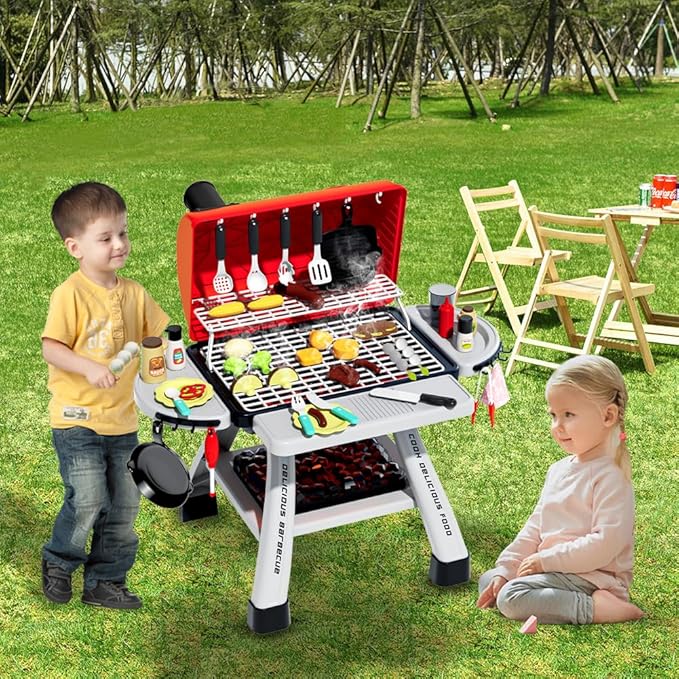 Barbecue Grill Toy Set, Kids BBQ Grill Playset with Smoke Sound Light Simulation Camping Cooking Interactive Toys Christmas Birthday Gift for Toddlers Girls Boys 2-6