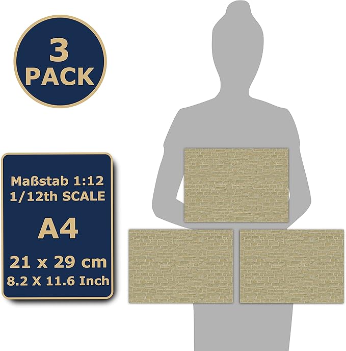 3 Sheets Self-Adhesive Wall Cladding for Dollhouse 1:12 Scale (Limestone)