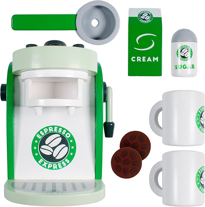 Imagination Generation Espresso Express Coffee Maker Playset, with 2 Cups, 2 Pods, 1 Portafilter, 1 Coffee Maker, Cream & Sugar (8 Pcs)